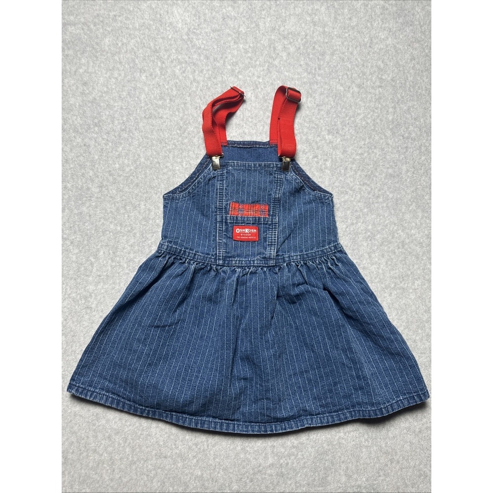 Vintage OshKosh Vestback Overalls Denim Dress Kids 5 USA Red Suspender Straps